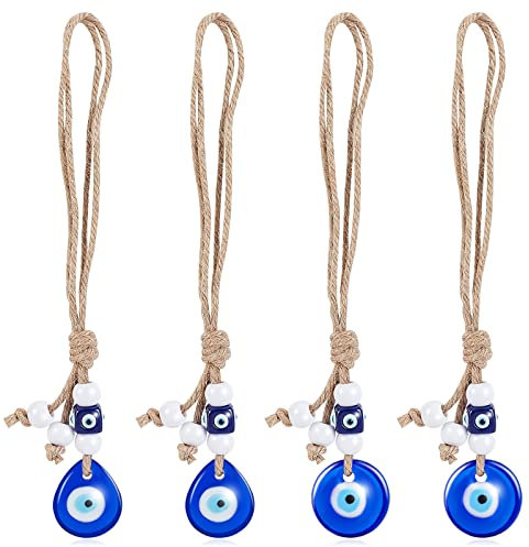 WEBEEDY 4 Stück Blauer Böser Blick Anhänger Türkisches Blaues Auge Glas Charme Anhänger Evil Eye Auto Ornament Für Rückspiegel Wandbehang Segen Ornament Türkisches Auge mit Jude Glücksbringer