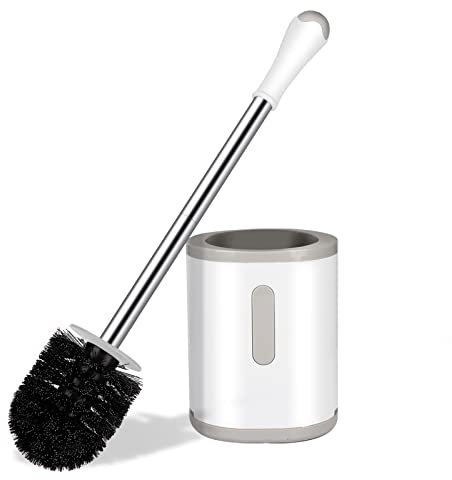 Toilet Brush and Holder, Compact Size Toilet Bowl Brush with Stainless Steel Handle, Small Size Plastic Holder Easy to Hide, Space Saving for Storage, Drip-Proof, Easy to Assemble, Deep Cleaning