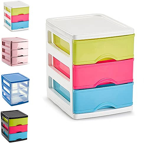 Plastic Desktop Storage Unit with Drawers, Stationary Arts Drawer Desktop Tabletop Organiser Storage Tower Unit for Office Bedroom Garage ((17 x 13.5 x 17cm, 3 Drawers White With Multicolor Drawers))