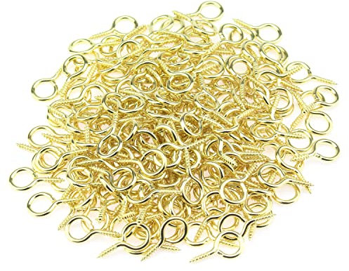 HELIFOUNER 200 Pieces 2# Screw Eyes, Screw in Eye Hooks, Metal Screw Eye Pins Hooks, Brass Plated Steel Screw Eyes, Gold