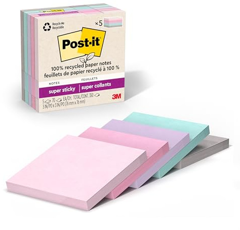 Post-it 100% Recycled Paper Super Sticky Notes, 3 in. x 3 in., 5 Pads, 70 Sheets per Pad, Wanderlust Pastels, School Supplies and Office Products