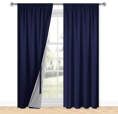 XWZO 100% Blickdichte Vorhänge Wohnzimmer, Vorhänge mit Kräuselband, Gardinen Schlafzimmer, Doppellagige Dicke Verdunklungsvorhänge Thermovorhang Kälteschutz, 220x140 cm(HxB) Dunkelblau 2er Set