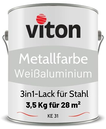Viton Metallfarbe in Silber - 3,5 Kg Metall-Schutzlack Seidenmatt - Dauerhafter Schutz & hohe Beständigkeit - 3in1 Grundierung & Deckfarbe - Metalllack direkt auf Rost - KE31 - RAL 9006 Weißaluminium