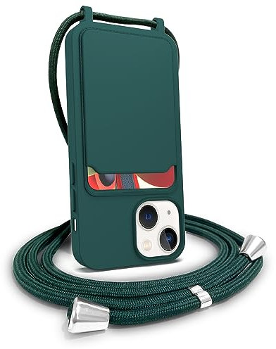 FOQENCCI Liquid Silicone Phone Case for iPhone 14 Plus with Card Holder and Adjustable Lanyard Neck Strap,Crossbody Phone Case for iPhone 14 Plus Soft Slim Fit Shockproof Cover Dark-Green 6.7 inch