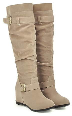 2023 Nuovi Stivali Alti Al Ginocchio Con Fibbia Boots Da Donna Con Gambale Lungo E Tacco A Zeppa Stivali Da Cavaliere Vintage Boots Da Neve Caldi Autunno Inverno Stivali In Gomma ( Color : Beige , Siz
