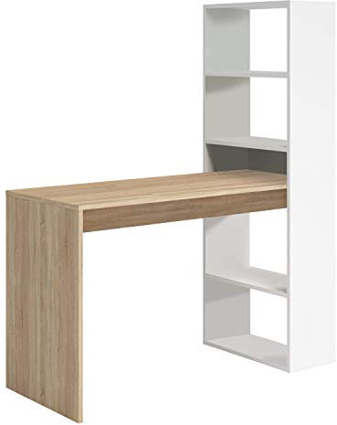 HOGAR24 ES | Mesa de Ordenador Despacho | Escritorio con Estantería de Oficina | Mesa de Estudio | Reversible | Color Blanco y Roble Cambrian | Medidas: 140 cm (Alto) x 122 cm (Ancho) x 50 cm (Fondo)