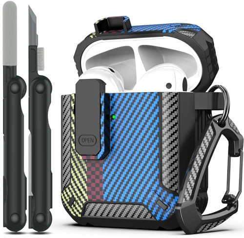 RFUNGUANGO Funda para AirPods de 2ª generación con Kit de Limpieza, Armadura Protectora rígida Militar con Bloqueo para AirPod Gen 1 y 2, LED Frontal Visible,Fibra de Carbono Azul