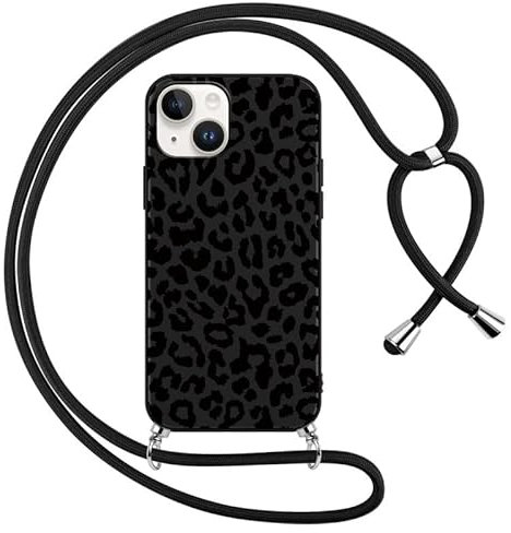Foonary Funda con Cuerda para Apple iPhone 15 6,1, Carcasa Ultrafina Silicona Aesthetic Dibujos Case con Ajustable Collar Correa de Cuello Cordón Antigolpes Cover para iPhone 15, Leopardo