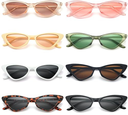 Unning 8 Pack Small Retro Cat Eye Sunglasses Vintage Narrow Cateye Sunglasses Neon Skinny Party Glasses Bulk for Women