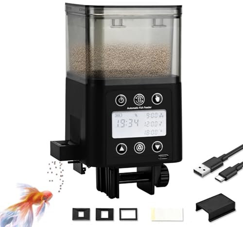 Podazz Futterautomat Aquarium – Wiederaufladbarer zeitgesteuerter Fischfutterspender mit LCD-Display, 320 ml, Feuchtigkeitsdicht Elektrischer Fischfutterspender, perfekt für Wochenenden und Feiertage