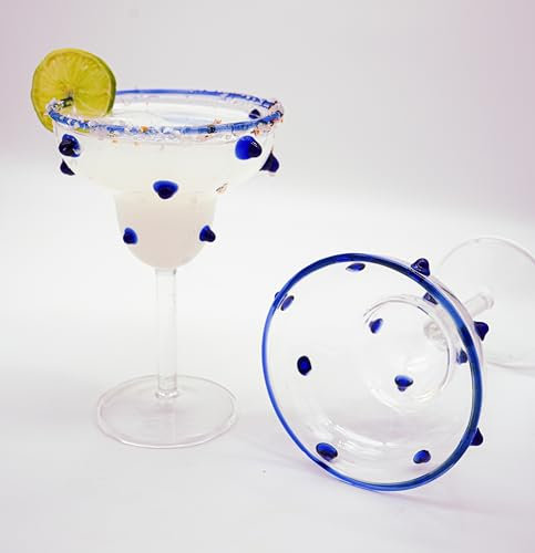 Gökotta Set of 2 Handmade Polka Dot Cocktail Glasses for Margarita | Blue Dotted Glasses Unique Glassware | Luxury Crystal Glass