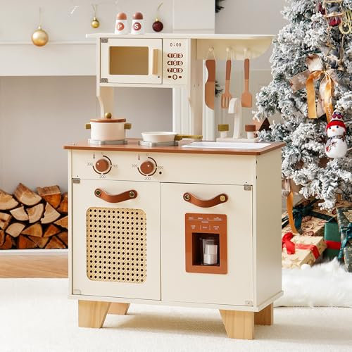 ROBOTIME Juego de cocina de madera para niños pequeños, cocina de juguete realista con dispensador de hielo, malla de ratán y elemento de cuero, juego de cocina Prentend Play para niños, regalo para