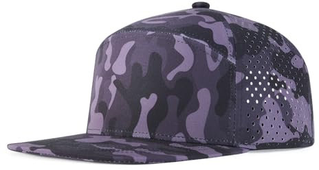 FEINION Baseballkappe für Herren, flache Krempe, verstellbar, Snapback-Hut, laserperforierte Kappe, Camouflage Violett, Einheitsgröße