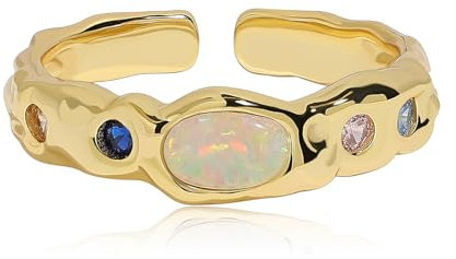 Meissa Opal Statement Ring für Damen, Chunky Goldring mit Mehrfarbigem Kristall Handgefertigt Größenverstellbar Stapelbare Ringe Modering, Gold