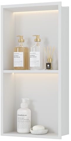 Neohomee Douche murale en acier inoxydable avec lumière LED - Double paroi de douche blanche - Rangement pour salle de bain - 60 x 30 cm