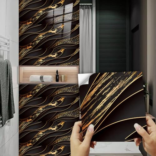 Fliesenaufkleber Schwarz Und Gold Küchen Smart Tiles,Klebefliesen Küche Selbstklebende Fliesen,Wasserfest Küchenrückwand Fliesen Aufkleber,Klebefliesen Bad 10 PC(30x30cm)