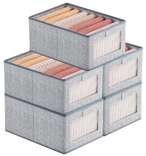 Aolawco 5 PCS Wardrobe Storage Organiser Set, 36x25x20cm Foldable Fabric Clothes Storage Boxes, Clothes Storage Organiser with Clear Window and Handle for Clothes, Books, Toys, Snacks