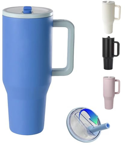 ZHUIYIWIN 30oz Tumbler with Folding Straw and Handle, Water Bottle Coffee Cup Travel Mug for Cold or Hot Drinks, Double Wall Stainless Steel Vacuum Insulated Tumbler with Rubber Bottom, Blue