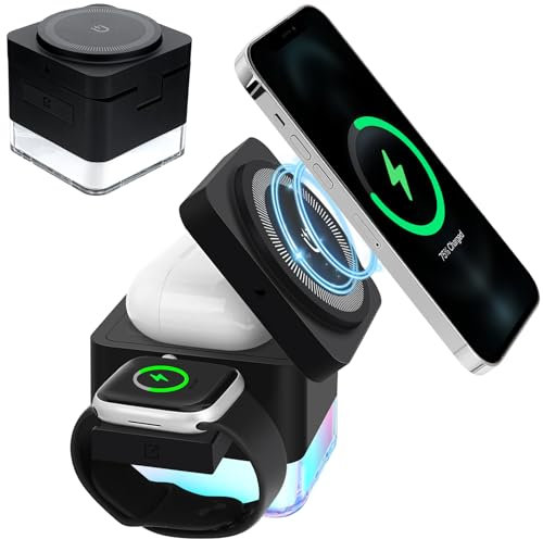 Helmsyde 4 in 1 Kabelloses Ladegerät Con LED-Licht, Magnet Wireless Charger Faltbar Induktive Ladestation Kompatibel mit iPhone 12/13/14/15/16, Apple Watch Ultra/SE/9/8/7/6/5/4/3/2, Airpods 2/3/Pro
