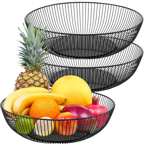 MAHIONG 3 PCS Large Fruit Bowl, Black Fruit Bowl, Wire Fruits Basket for Fruits, Vegetable, Snack, 28 x 7.5 cm