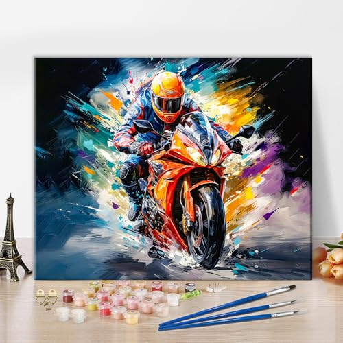 TISHIRON Malen nach Zahlen Motorrad DIY Malen nach Zahlen für Erwachsene Kinder Motorradfahrer Malen nach Zahlen Kits auf Leinwand mit Pinseln für Home Wall Decor 40 x 50 cm(rahmenlos)