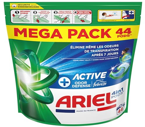 Ariel Pods 4en1 +Active, Lessive en Capsules, 44 Lavages, Élimine les Odeurs de Transpiration Même Après 7 Jours avec la Technologie Febreze, Dissolution Rapide Même à Froid, Fabriqué en France