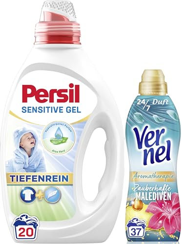 PERSIL Sensitive Gel (20 WL) - Flüssigwaschmittel für Allergiker & Babys - mit beruhigender Aloe Vera - effektiv von 20 °C bis 95 °C & VERNEL Aromatherapie Zauberhafte Malediven Weichspüler (37 WL)