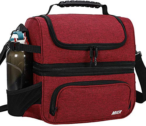 MIER Lonchera para hombre, de doble cubierta, aislada, a prueba de fugas, con múltiples bolsillos para el trabajo (color rojo oscuro)