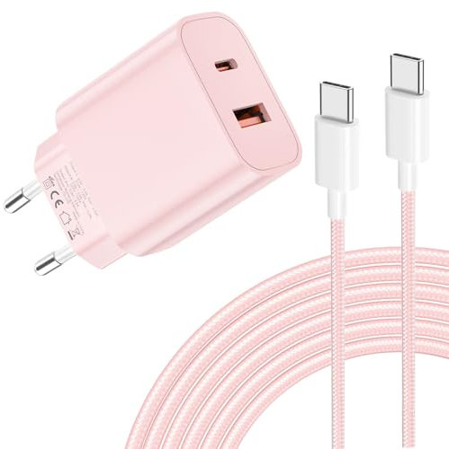 Chargeur USB C 20W - Chargement Ultra Rapide à Deux Ports avec Câble USB C 2M pour iPhone 16/15, pour Samsung, pour Pad, Pixeli etc-Rose