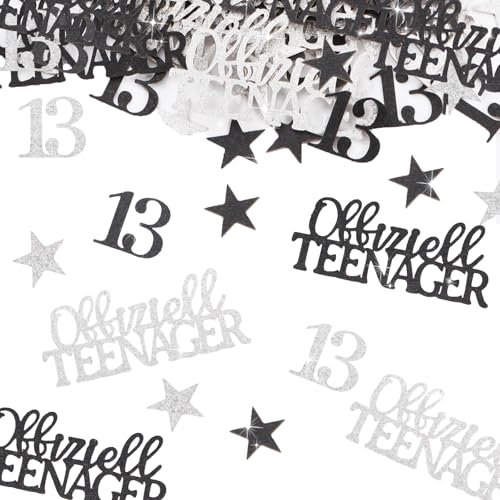 MEJOSER 100 Stück Deko 13 Geburtstag Teenager Junge, Konfetti Streudeko Offiziell Teenager mit Glitzer, 13. Geburtstag Mädchen Jungen, Geburtstagsdeko 13 Jahre Junge Mädchen Geschenk, Schwarz Silber