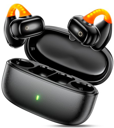 Open Ear Clip-On Earbuds Wireless Bluetooth 5.3 Bone Conduction Headphones for iPhone 15 16 Galaxy S25 Google Pixel 9 Lightweight Comfort Sports Built-in Mic for Clear Audio Stable Fit Earphones Black