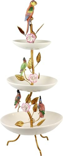 FURNARO Etagere Paradise Birds - dreistufige Servieretage mit Vogelmotiv, Keramik & Metall, Ø26x62cm