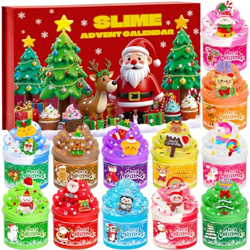 Slime Adventskalender 2025 für Kinder, 24 Tage Schleim Weihnachtskalender Adventskalender mit Butter&Clear Slime&24 Harz-Anhängern für 4 5 6 7 8 9 10 11 12 Jahre Jungen Mädchen