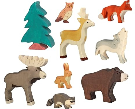 Holztiger 6617 Set Wilder Wald - 9 Spielfiguren aus Holz, Braunbär, Elch, Fuchs, Hase, Wolf, Rehbock, Waschbär, Uhu und Nadelbaum, handbemalte Spielzeugtiere für Kinder, Made in Europe