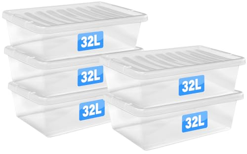 FINE STAR Set of 5 Crystal Clear Plastic Storage Box Boxes With Lids UK BRITISH MADE Home Office Stackable Nestable Shoe Boxes (32 LITRE UNDERBED)