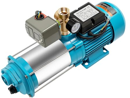 Pompe centrifuge 1300 W - 4000 l/h - 9,8 bar - Pompe de jardin auto-amorçante en acier inoxydable - Avec bouton pression et manomètre - Pour arrosage, agriculture, étang, jardin (style A)