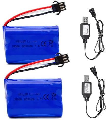 SM-3P Prise 3 Broches Batterie 7.4V 1200mAh pour Camion RC Voitures Télécommandées Amphibies 1:16 Batterie de Camion Pickup et Câble de Charge USB (2 Pièces)