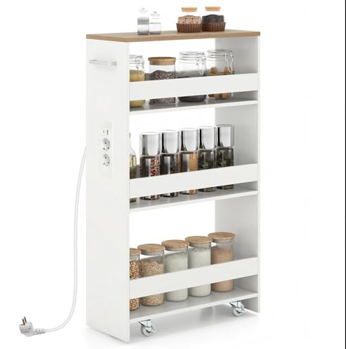 KOMFOTTEU Carro de Cocina de 4 Niveles, Carrito Auxiliar con Estación de Carga, Carrito Estrecho Ahorra Espacio con 4 Ruedas, Mueble de Almacenaje para Baño (Blanco y Natural, 47,5 x 20 x 80,5 cm)