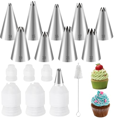 9 Stück Spritztüllen Edelstahl,mit 6 Wiederverwendbare Kunststoff Kuchen Kupplungen und 1 Reinigungsbürste,Tüllen für Dekorieren Von Gebäck Torten Geeignet Keksen Cupcakes.16-teilige