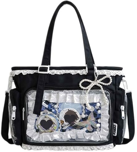 JIABAOZ Ita Bag Crossbody, Itabag Schultertasche Mit Rüschen, Schultertaschen Für Anime-Display, Y2K, Umhängetasche, Mit Seitlichem Und Vorderem Sichtfenste Mit Perlenanhänger
