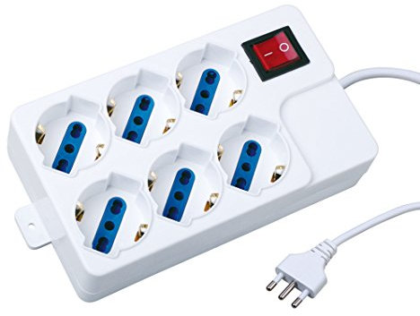 Ewent EW3921 Multipresa Ciabatta Elettrica a 6 Posti Prese Universali Italiane Bivalenti 10/16A+Schuko, Protezione Sovraccarico e Sovratensione 250V/2500W, Interruttore Luminoso, Spina Italiana 16A, Cavo 1.5 m, Bianca