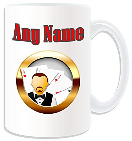 Personalisiertes Geschenk – Große Karten und Dealer Baccara/Blackjack/Texas Holdem Tasse (Casino Design Thema, weiß) – alle Nachricht/Name auf Ihre einzigartige – Hold 'em Poker Karte