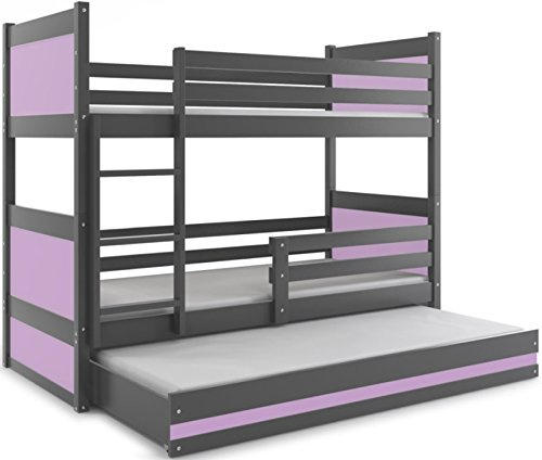 RICO 190 x 90 cm Etagenbett mit dem dritten Kinderbett und Jugendzimmer, Schaumstoffmatratze violett