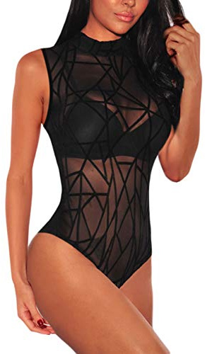 SEBOWEL Damen Body Sexy Transparent Mesh Ärmellos Bodysuit Tops (M, Schwarz)