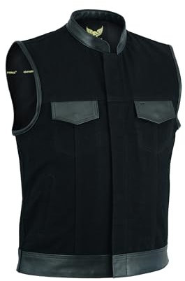 Leatherick Herren Anarchy Club Leder Trim Denim motorradfahrer Weste mit tief taschen schwarz - 3XL