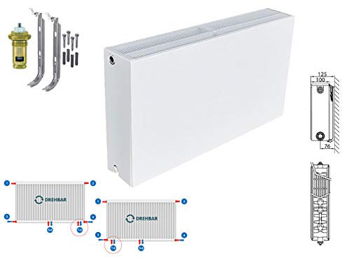 Planheizkörper mit Planfront glatt - Mittelanschluss - Kompakt- & Ventilheizkörper - Typ 33 - inkl. Halter & Ventil - 600 x 2000 mm (Höhe x Breite) - RAL 9016 reinweiß