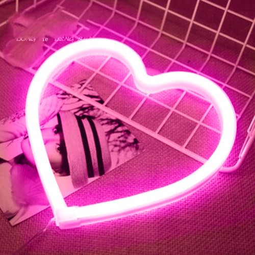 buywin Pink Heart Neon Sign, Battery&USB Powered LED Neon Hanging Decor Heart Shaped Wall Signs for Wedding Bedroom Birthday Party Valentines (Hanging)