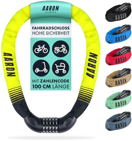 AARON Lock One Fahrradschloss mit 5-stelligem Zahlencode, Kettenschloss aus Stahl und hoher Sicherheitsstufe | Schloss für für E-Bike, Mountainbike, Trekkingrad, Tourenrad, Rennrad in gelb