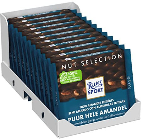 RITTER SPORT-Amandes Entières- Tablette 100 g, Chocolat Noir -A emporter partout-Boite de 11 tablettes