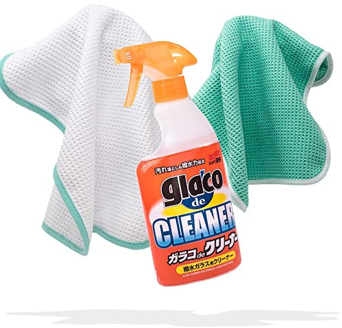 detailmate Auto Glasreinigungs Set - Soft99 Glaco de Cleaner Glasreiniger 400 ml mit Zwei Mikrofaser Waffeltüchern 450GSM 35x35cm - Scheiben Reinigungsset mit Mikrofasertüchern